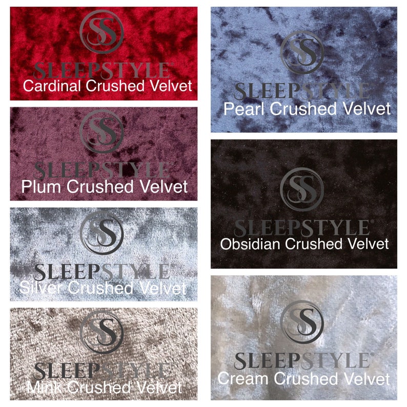 May include: Six fabric swatches in different colors and textures. The colors are cardinal red, pearl blue, plum, silver, mink, and cream. Each swatch has the text "SLEEPSTYLE" and the name of the color and texture.