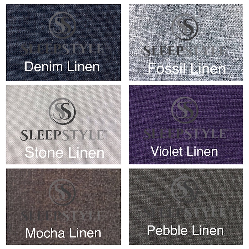 May include: Six fabric swatches in different colors and textures. The swatches are labeled with the names "Denim Linen", "Fossil Linen", "Stone Linen", "Violet Linen", "Mocha Linen", and "Pebble Linen".