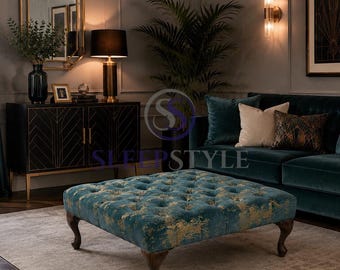 Queen Anne Chesterfield Upholstered Footstool Coffee Table - Available In All Sizes, Choice Of Fabrics