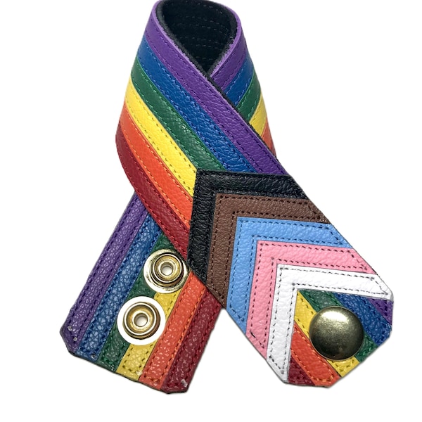 Progress Pride Flag Leather Bracelet Cuff Armband, Pride Jewelry, LGBT Gift, Handmade LGBTQIA Rainbow Accessory