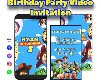 May include: A digital birthday party invitation featuring a blue background with cartoon characters. The invitation includes the text "Birthday Party Video Invitation", "Ryan is turning 3", and RSVP details.