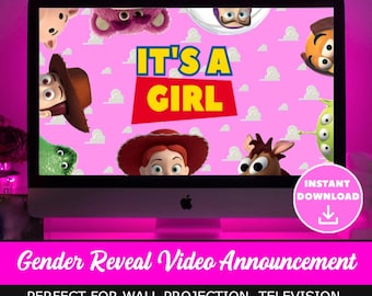 Anuncio de video de revelación de género Película de revelación de género Descarga instantánea Video de revelación de género Toy Story Niño o niña Revelación de género Es una niña