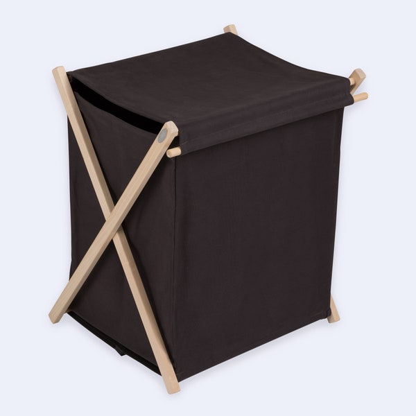 Dark grey cotton fabric laundry hamper, basket. Tumehall puuvillasest kangast pesukorv.