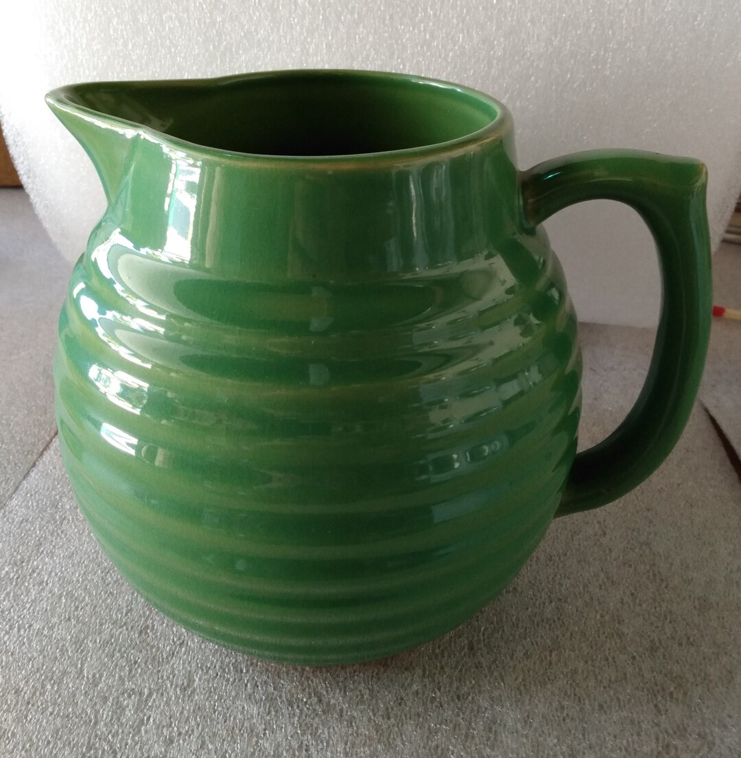 Over and Back Yellow Ware Beehive Ringware Pitcher Green Glaze Etsy