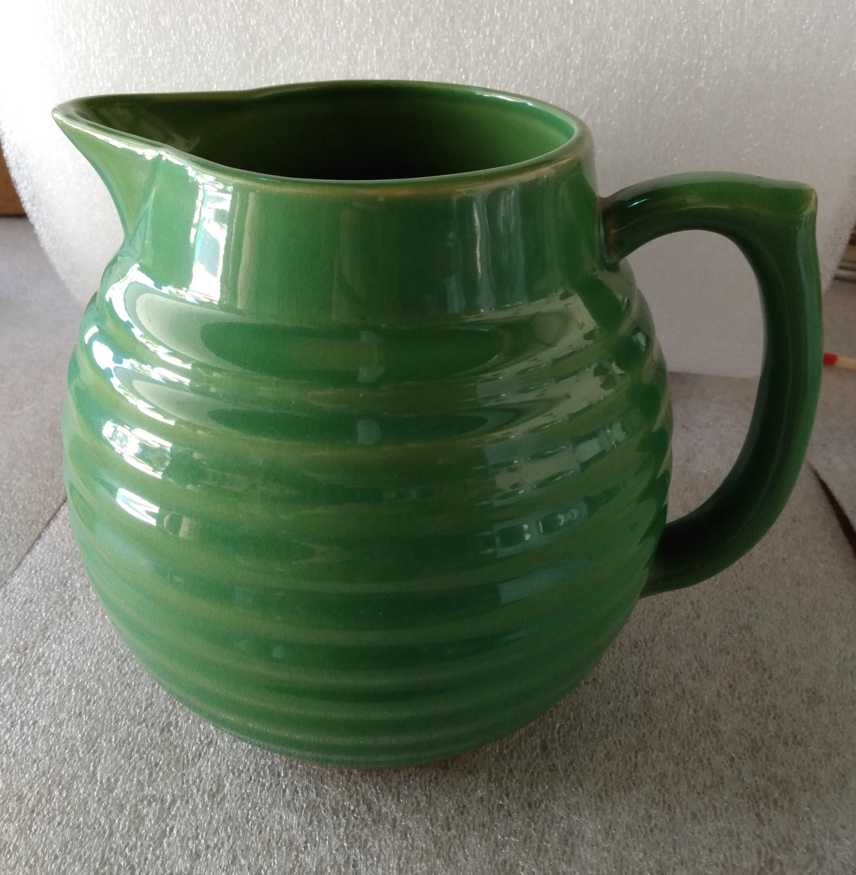 Over and Back Yellow Ware Beehive Ringware Pitcher Green Glaze Etsy
