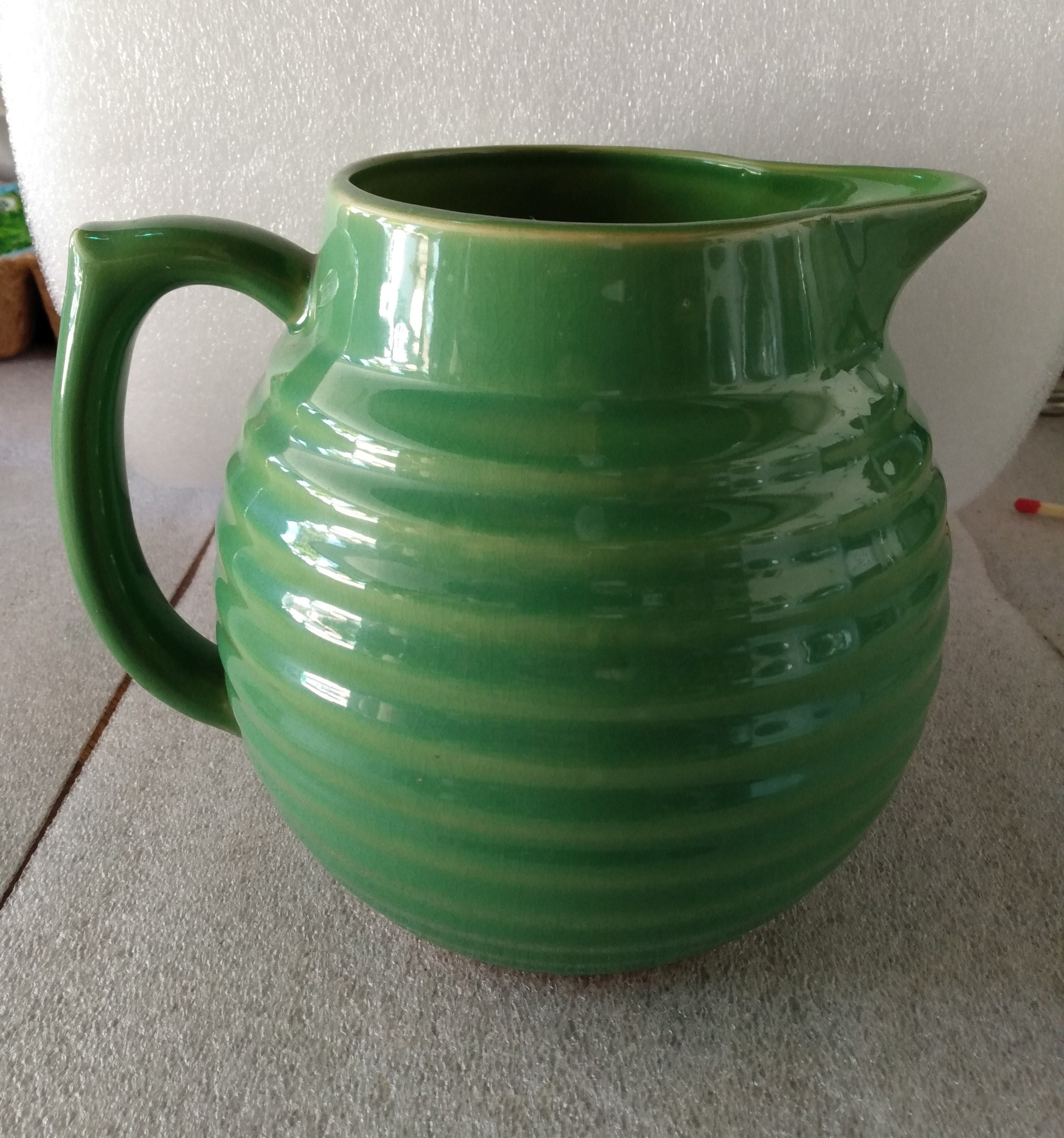 Over and Back Yellow Ware Beehive Ringware Pitcher Green Glaze Etsy