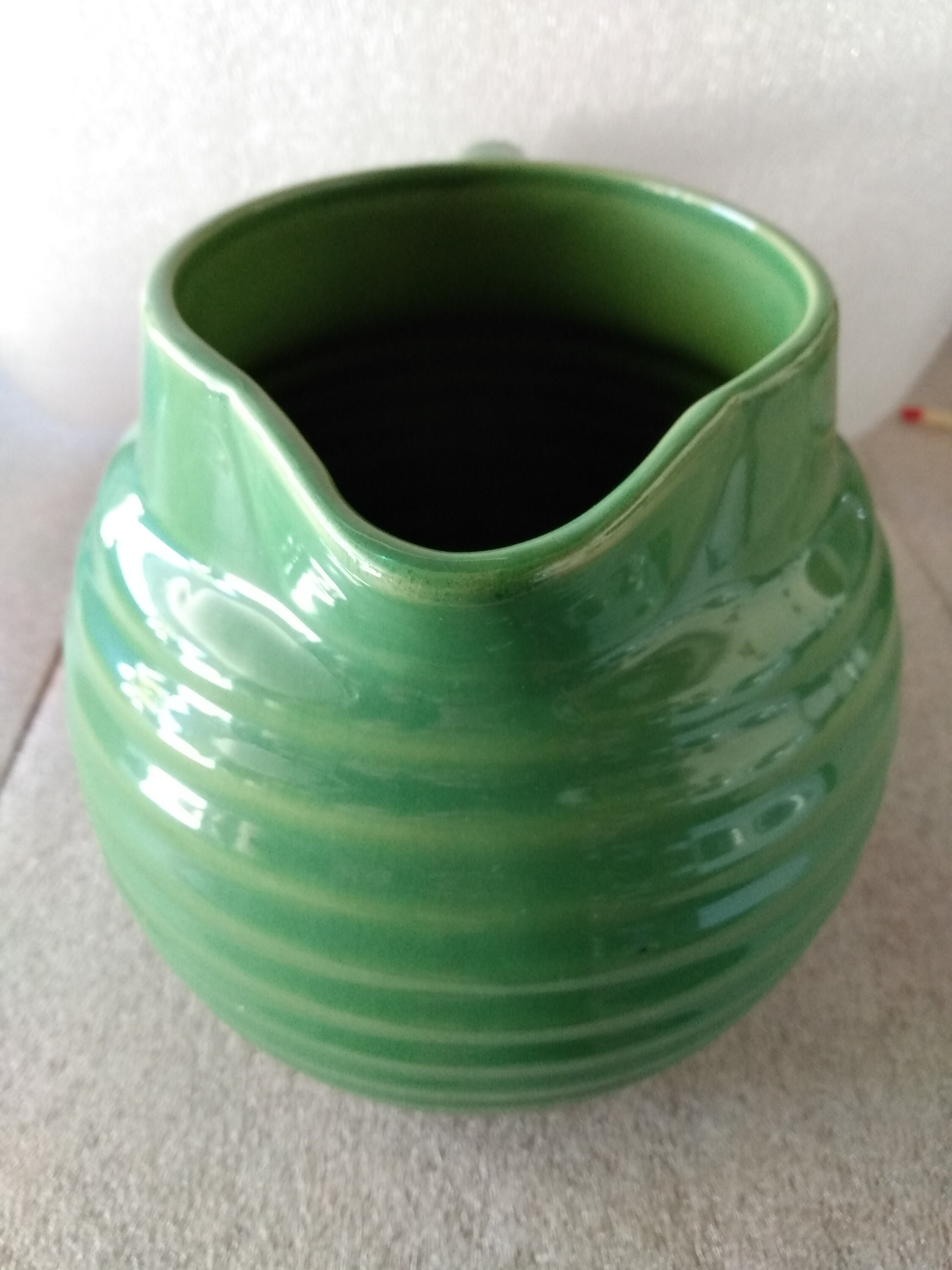 Over and Back Yellow Ware Beehive Ringware Pitcher Green Glaze Etsy