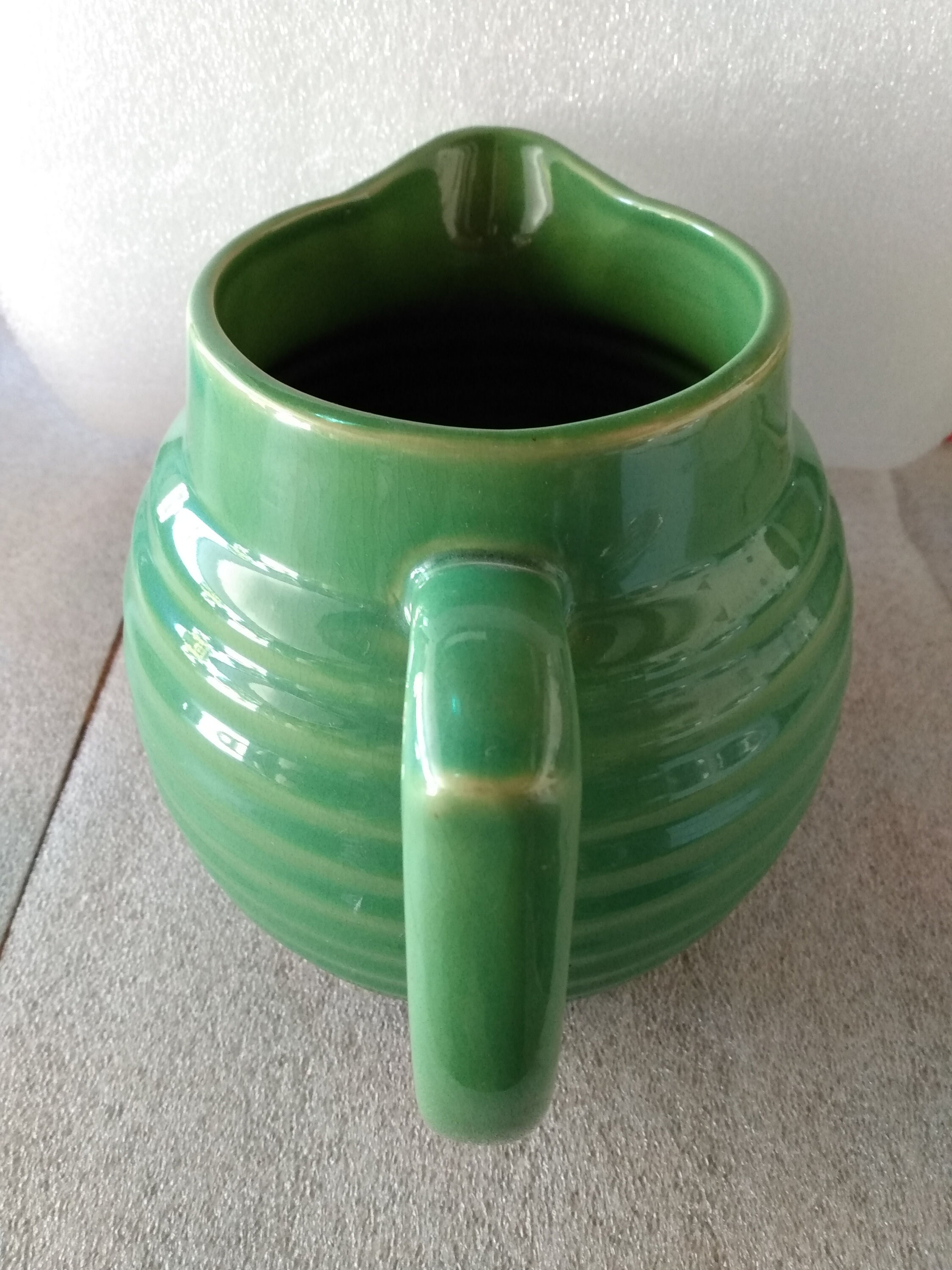 Over and Back Yellow Ware Beehive Ringware Pitcher Green Glaze Etsy