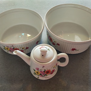 Apilco Cordon Bleu Floral Porcelain Casserole Dishes & Teapot