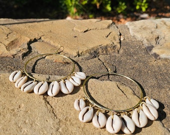 Medium Cascading Cowrie Shell Hoop Earrings