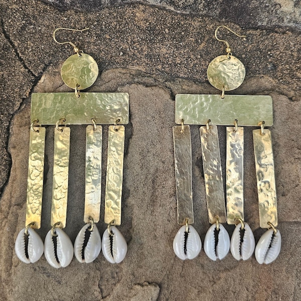 Hammered Cowrie Shell Column Brass Earrings