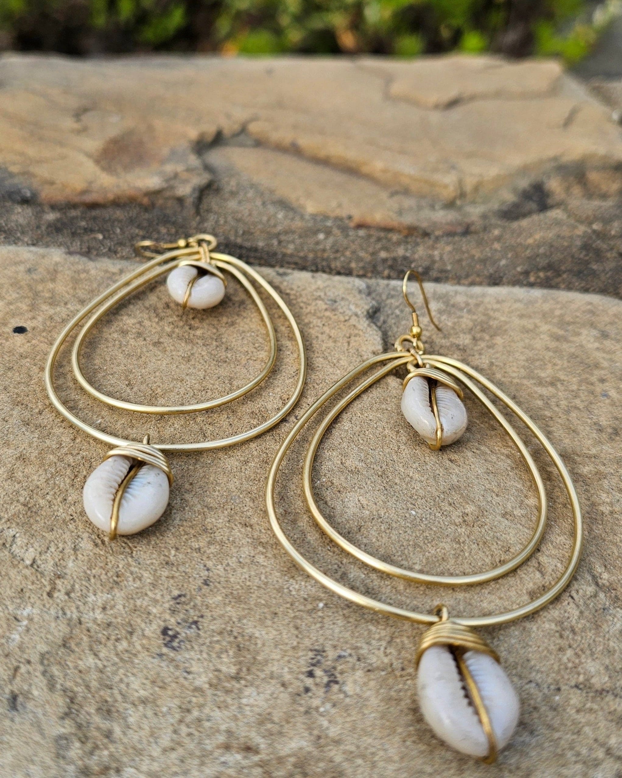 Cowrie Shell Teardrop Brass Earrings