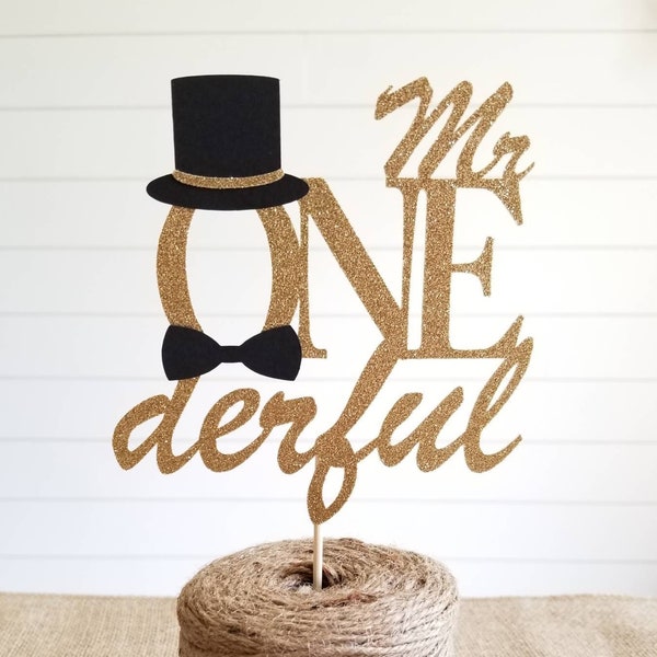 Mr. ONEderful Cake Topper, Boys 1st Birthday, Bow ties, Top hat, Black, Gold Glitter, Photo Prop