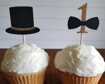 Adornos para cupcakes de Mr. ONEderful, primer cumpleaños de niño, pajaritas, sombrero de copa, negro, purpurina dorada, accesorio para fotos