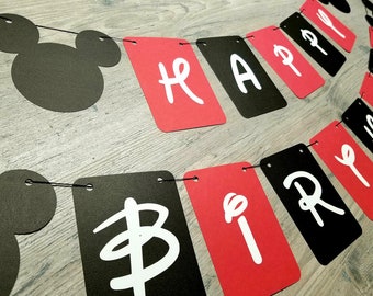 Banner de cumpleaños inspirado en Mickey Mouse, rojo, negro, blanco, Disney, accesorio fotográfico
