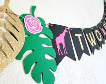 Girly Two Wild Birthday Banner, 2nd Birthday, Flowers, Jungle, Pink, Gold, Black, leaves, Photo Prop