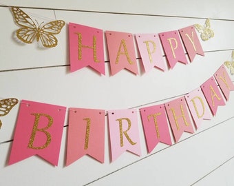 Bandera de cumpleaños de mariposa, rosa, coral, mariposas de purpurina dorada, accesorio fotográfico