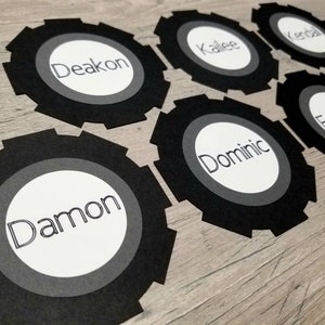 Monster Truck Birthday Seating place cards, Big wheels, Tires, Black, Table settings