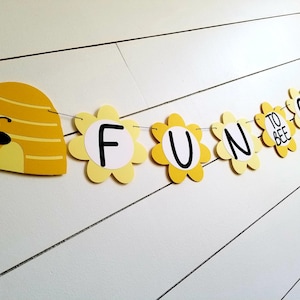 Fun To Bee One Birthday Banner, 1st Birthday, Happy Beeday, Yellow, Black, Bees, Flowers, Bee Hive