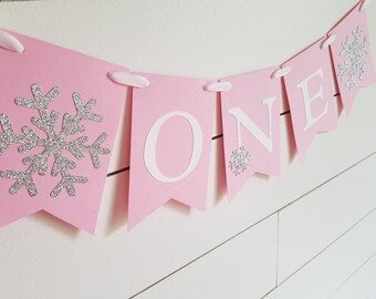 Winter Wonderland One High Chair Banner, Pink, Silver, Snowflake, Onederland, 1st birthday, Photo Prop