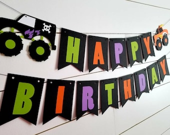Monster Truck Birthday Banner, green, purple, orange, Photo Prop