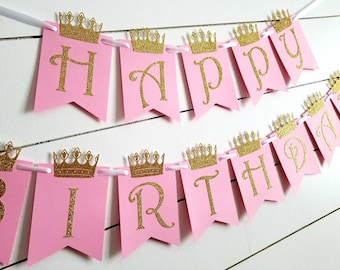 Bandera de cumpleaños de la princesa, rosa, oro, coronas, 1er cumpleaños, accesorio de fotos