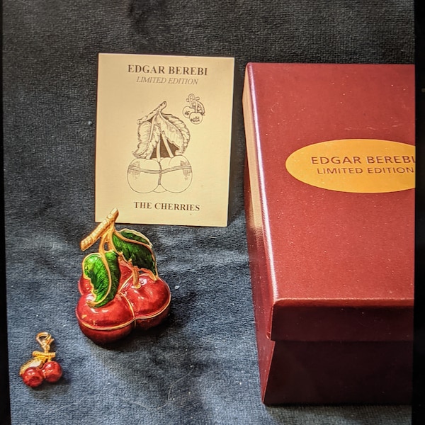 Edgar Berebi "The Cherries"  Trinket Box, limited edition,  gold metal, enameled, cherries bunch charm original box Benefits rescue animals!