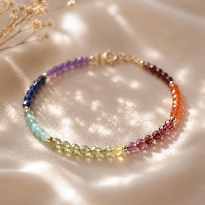 May include: A delicate bracelet featuring a spectrum of colorful gemstones. The bracelet showcases a gradient of colors, including purple, blue, green, yellow, orange, and red. The gemstones are strung together with gold-colored metal links.