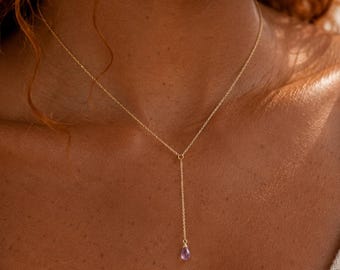 Amethyst Lariat Necklace, Lavender Gemstone Drop Chain, February Birthstone Y Necklace, Purple Gemstone Jewelry, February Birthday Gift