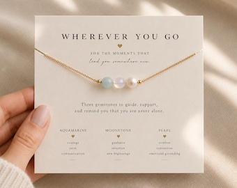 Wherever You Go Necklace, Graduation Gift for Her, Long Distance Friendship Gift, Aquamarine Moonstone Pearl Gemstones, New Beginnings Gift