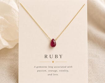 Collar con colgante de rubí auténtico en forma de lágrima, joya de piedra natal de julio, collar minimalista de gema roja, regalo para ella.