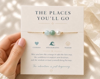 Bracelet Lieux où vous irez, cadeau de remise des diplômes pour elle, bijoux nouvelle aventure, perle de jade aigue-marine, cadeau de départ, cadeau de voyage