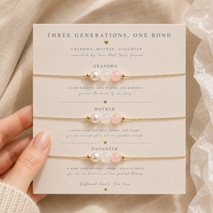 May include: A gold-toned bracelet set for Grandma, Mother, and Daughter. Each bracelet features a pearl, a clear bead, and a pink gemstone. The card reads "THREE GENERATIONS, ONE BOND" and includes text about love and family.