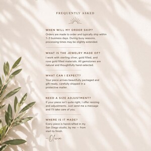 May include: A frequently asked questions information card with dark brown text on a light beige background. The text details order processing, jewelry materials including sterling silver and gold, packaging, resizing services, and studio location.