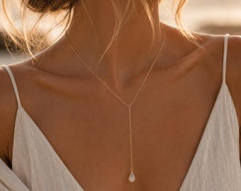 Moonstone Y Necklace, Sterling Silver Lariat Necklace, Minimalist Drop Necklace, Coastal Bridal Jewelry, Dainty Moonstone Pendant Necklace