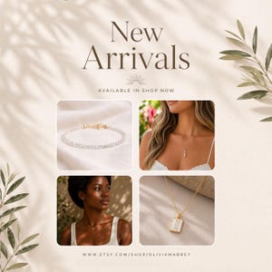 May include: An advertisement featuring jewelry. The image showcases a bracelet, a necklace with three pearls, and a gold necklace with a pendant. The text reads "New Arrivals" and "Available in Shop Now". The website address is www.etsy.com/shop/oliviamabrey.