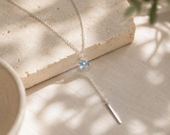 Collar tipo lariat con piedras preciosas personalizadas, collar colgante con piedra natal, collar minimalista en forma de Y, collar delicado con piedras preciosas, collar de plata de ley