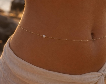 Pearl Waist Chain, Gold Satellite Belly Chain, Minimalist Beach Jewelry, Dainty Pearl Body Chain, Coastal Bridal Waist Jewelry