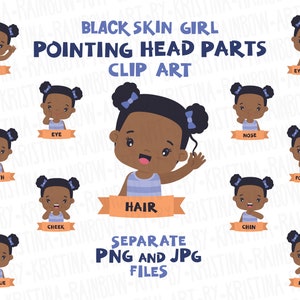 African American Girl Pointing Head Parts, Visual Scheme Illustration,Menschliche Anatomie,Gesicht,Lernen menschlicher Körper,Transparente Kawaii Poster Art