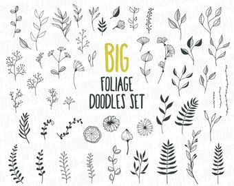 Big Set Hand Drawn Folliage Doodle,Botanical Digital Stamp Design Elements,Journal Dividers clipart,Leaves,Branches,Autumn Decoration Art