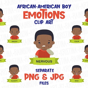 Clip art de emociones de niño afroamericano, Expresiones de niños, Ayuda para maestros, Lindos sentimientos de niños de piel oscura, Ilustración transparente de estilo kawaii