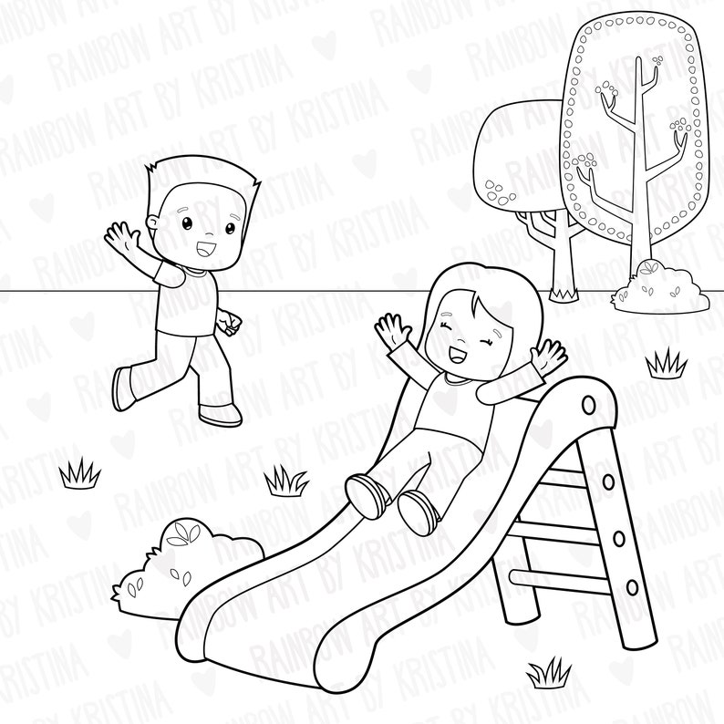 Children at the Playground Digital Stamp Clip Art, Kids Playing