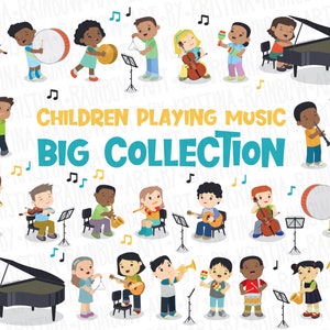 ¡30% DE DESCUENTO! Mega Set de imágenes prediseñadas de niños multiétnicos tocando música, paquete, banda escolar, instrumentos musicales, tocando música, niños kawaii transparentes