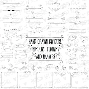 Elementos de design de carimbo digital desenhados à mão, rabiscos de diário, clipart de divisórias, clipart de bordas, setas, banners, fitas, cantos e corações