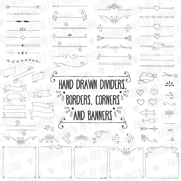 Hand Drawn Digital Stamp Design Elements, Journal Doodles, Dividers clipart, Borders clip art, Arrows, Banners, Ribbons, Corners and Hearts