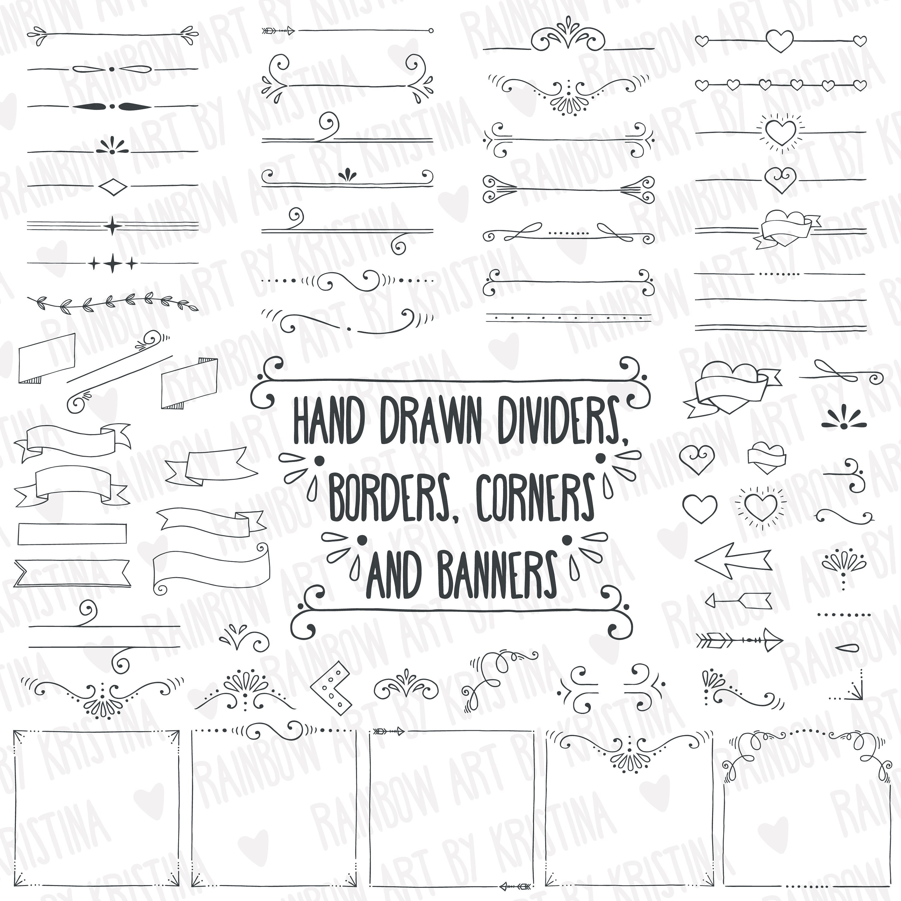 Hand Drawn Digital Stamp Design Elements, Journal Doodles, Dividers clipart, Borders clip art, Arrows, Banners, Ribbons, Corners and Hearts