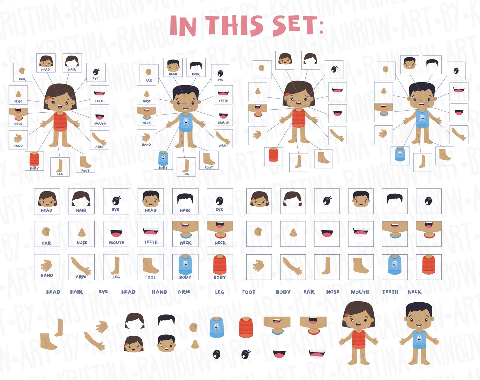 Dark Skin Boy and Girl Body Parts Clip Art, Visual Scheme Illustration ...