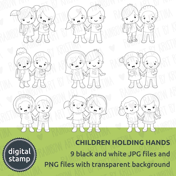 Digital Stamp Children Holding Hands, Black and White Clip Art, Children in Pairs, Transparent stickers clipart, Teacher clipart, Kawaii kid