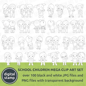 30% OFF  -MEGA COLLECTION- All in one Digital Stamp School Children, 100 Black and White Clip Art, Transparent School kids, Teacher clipart
