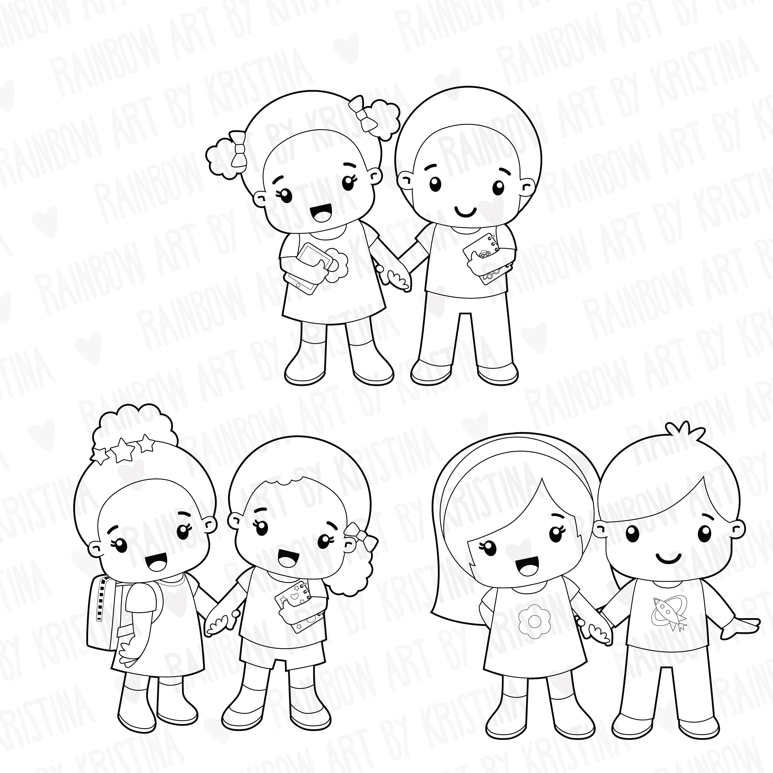 Digital Stamp Children Holding Hands Black and White Clip Etsy UK